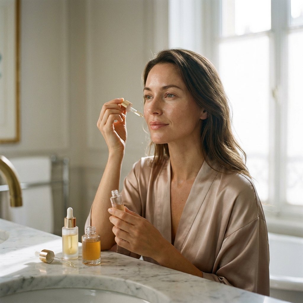 Verzorgde vrouw in een rustige, luxe badkamer gebruikt twee serums naast elkaar op een marmeren blad, met zacht daglicht en een frisse wellnesssfeer.