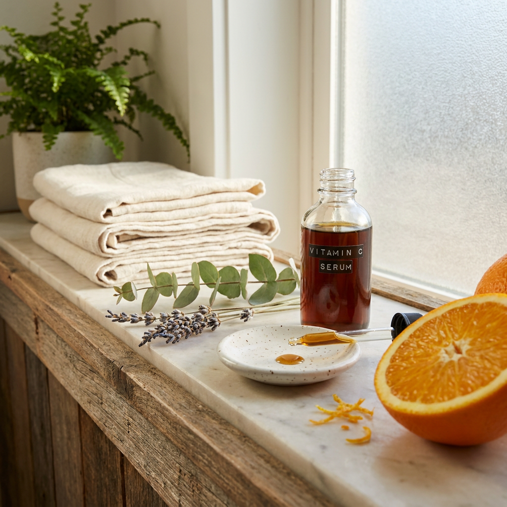 Amberkleurig vitamine C-serum in een glazen pipetfles op een lichte badkamerplank, naast een fris citrusvrucht en een druppel op wit keramiek.