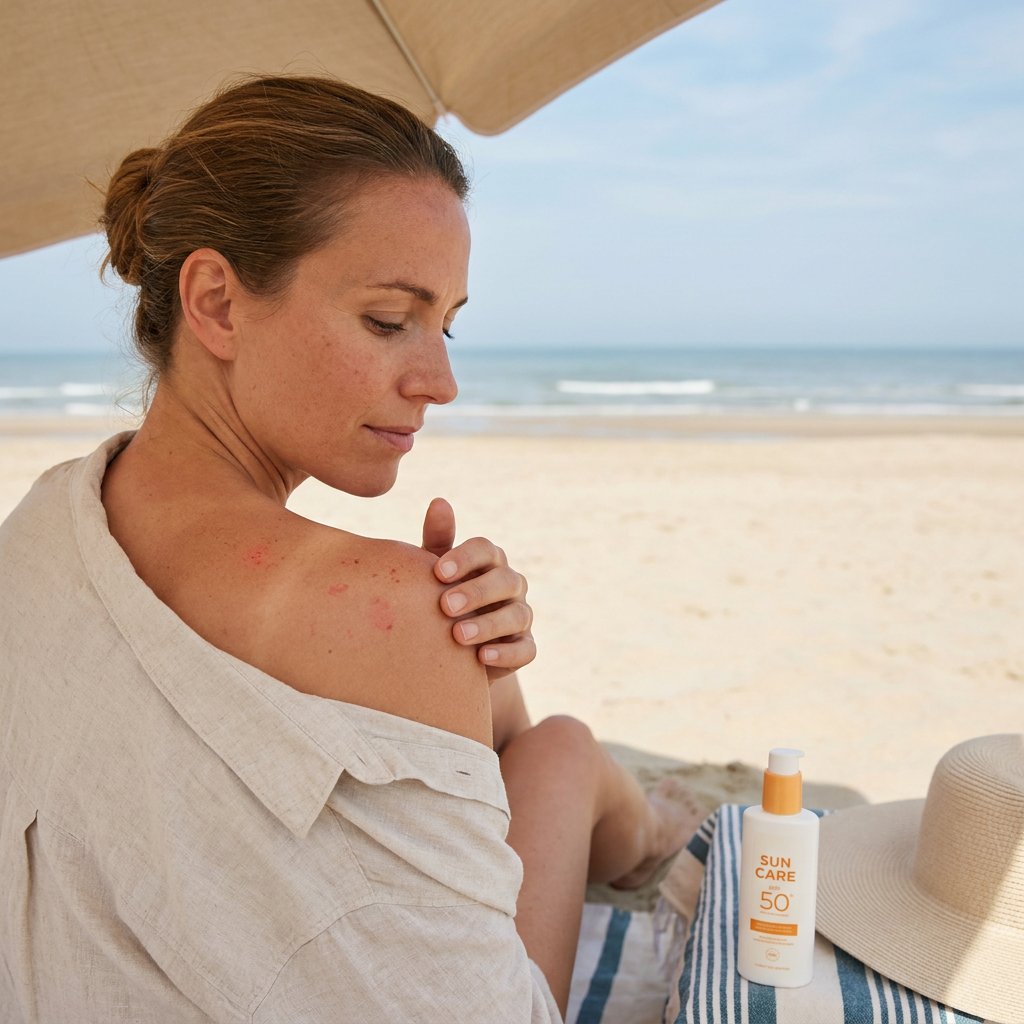 Vrouw op een zonnig Europees strand bekijkt jeukende rode bultjes op haar schouder, met zachte strandtas en zonnecrème naast haar.