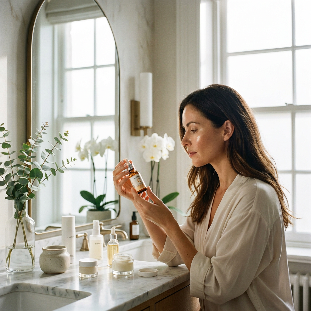 Elegante badkamer met vrouw die een vitamine C-serum in amberkleurig flesje bekijkt bij zacht ochtendlicht en verzorgingsproducten op marmeren wastafel.