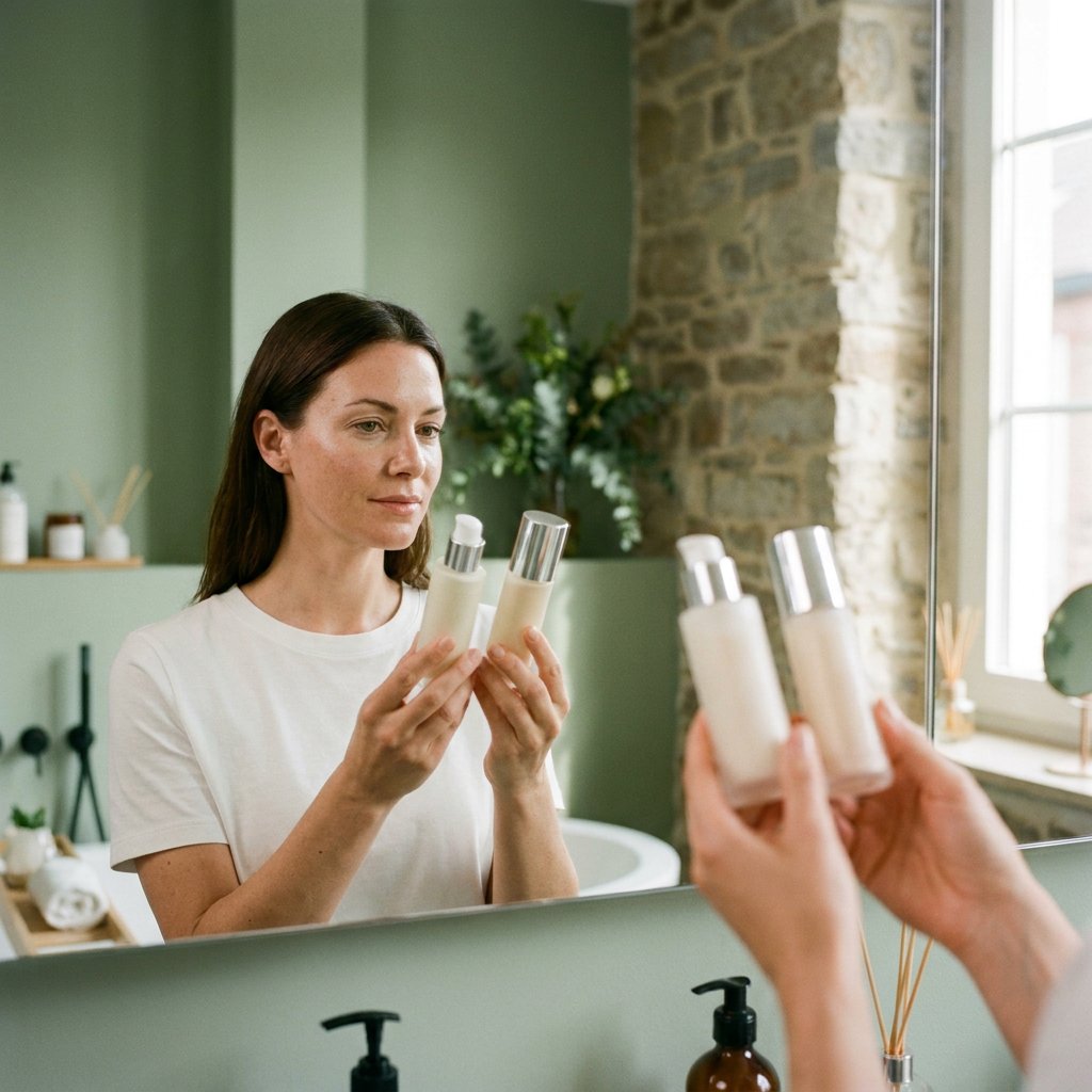 Close-up van een vrouw in een luxe huidkliniek die twee skincare flesjes vergelijkt, met zachte daglichttonen en een rustige, verzorgde sfeer.