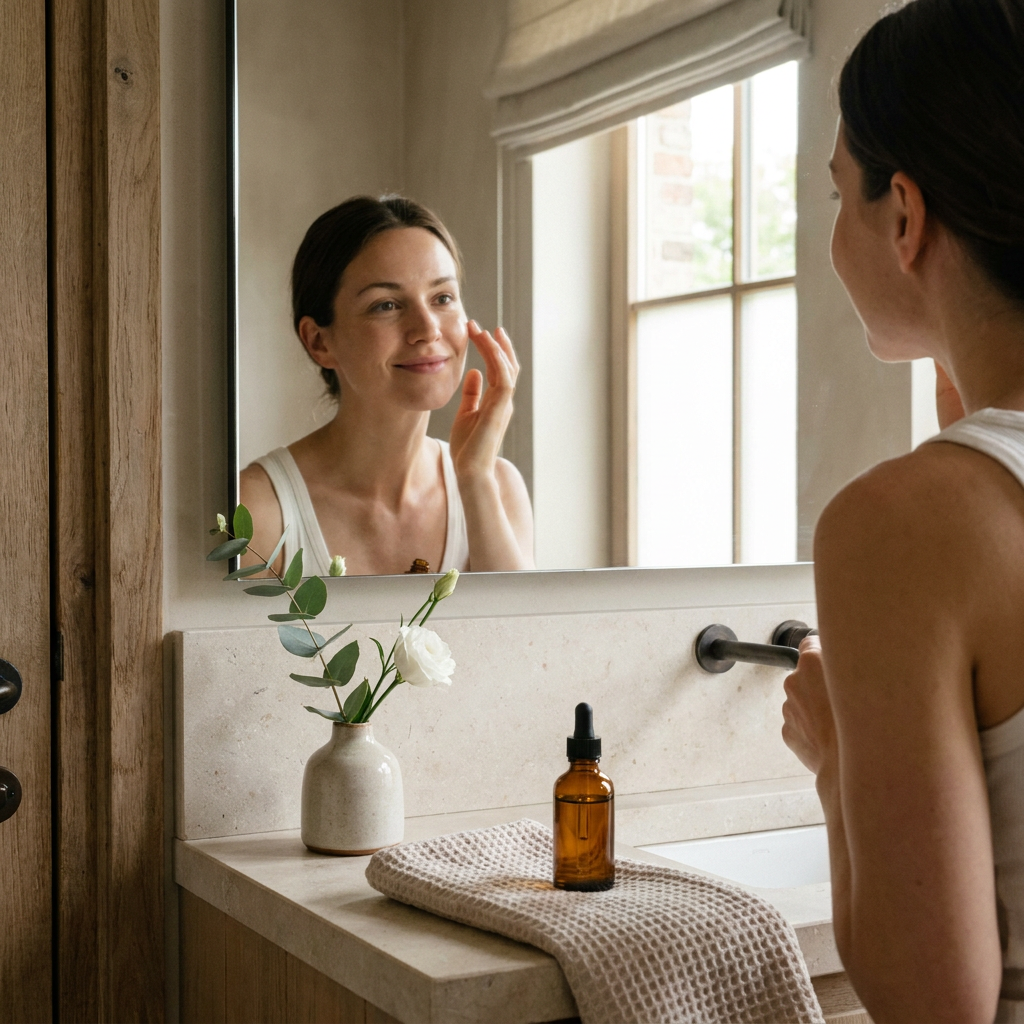 Vrouw in een lichte, luxe badkamer brengt vitamine C-serum aan voor de spiegel, met zacht ochtendlicht en een frisse, egale huid.