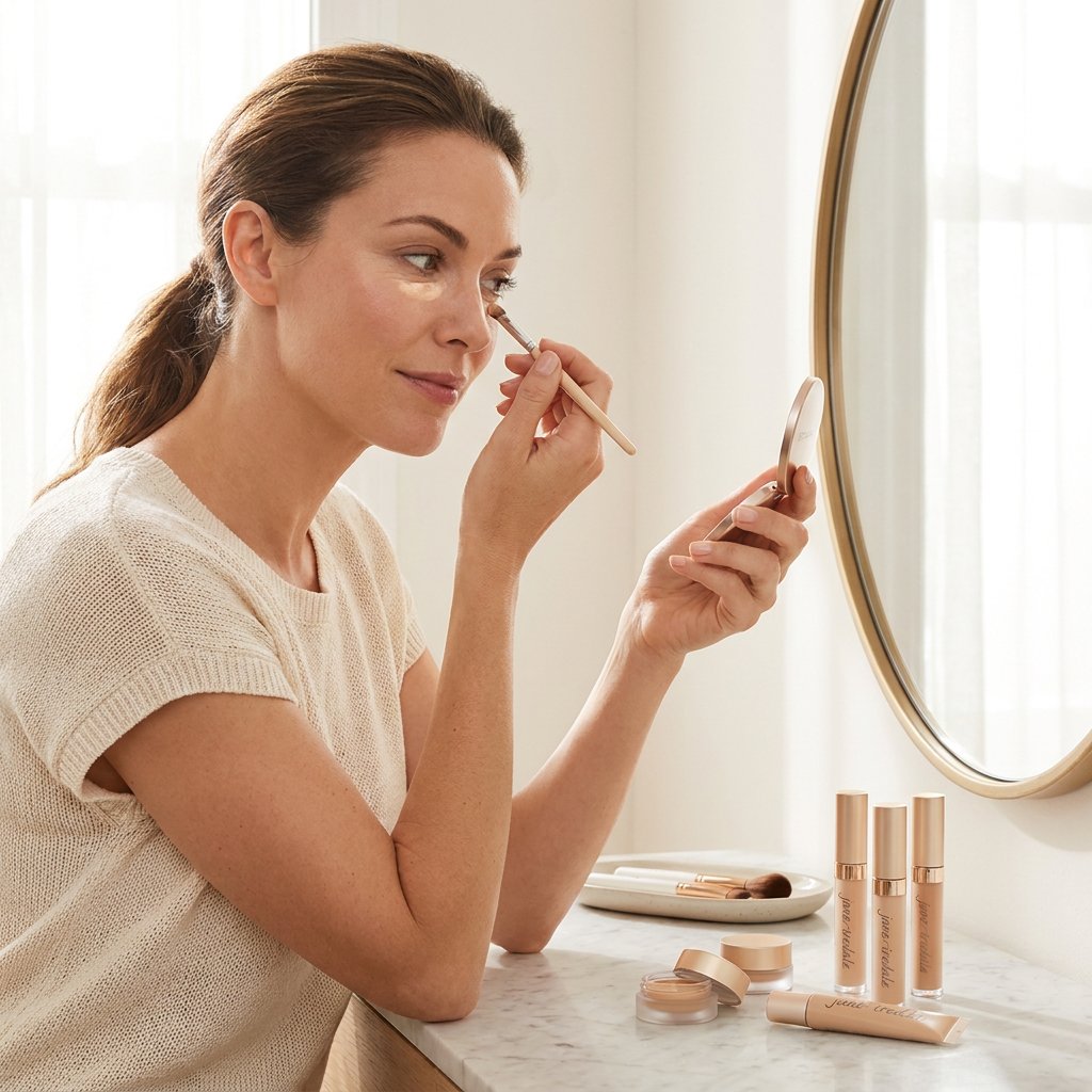 Luxe close-up of Jane Iredale concealers beside a mirror as a woman tests shades on her cheek in soft daylight on a refined vanity.