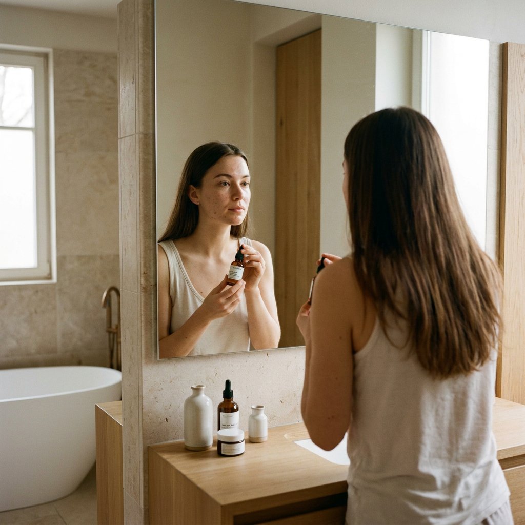 Jonge vrouw bekijkt een flesje exfoliant met salicylzuur in een lichte badkamer, met natuurlijke huidtextuur en rustige, verzorgende sfeer.