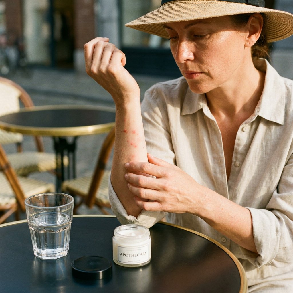 Vrouw in zomers daglicht bekijkt rode bultjes op haar onderarm op een rustig terras, met verzorgende medische sfeer en natuurlijke details.