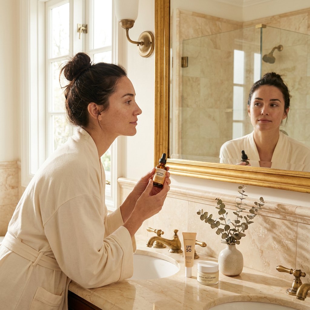Vrouw van rond de dertig bekijkt haar huid in een heldere spiegel in een luxe badkamer, met retinolserum en SPF op een marmeren wastafel.