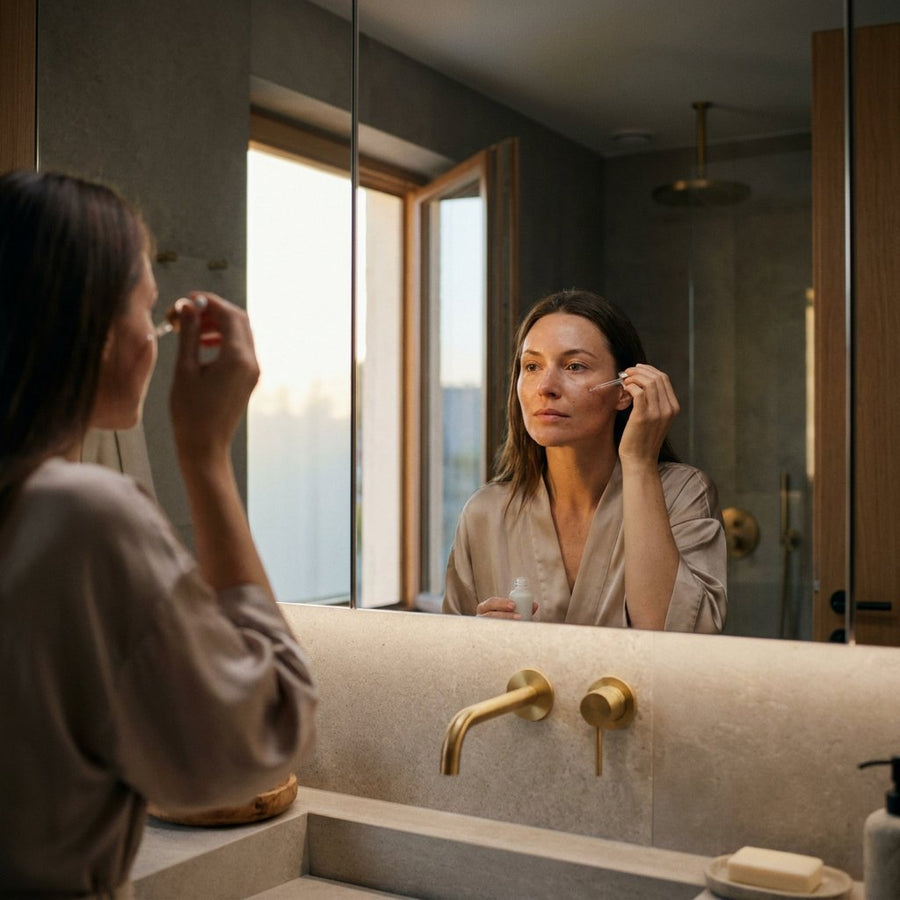 West-Europese vrouw in een lichte, moderne badkamer brengt ’s avonds een druppel retinolserum op haar wang aan, warm raamlicht en zachte, neutrale tinten.