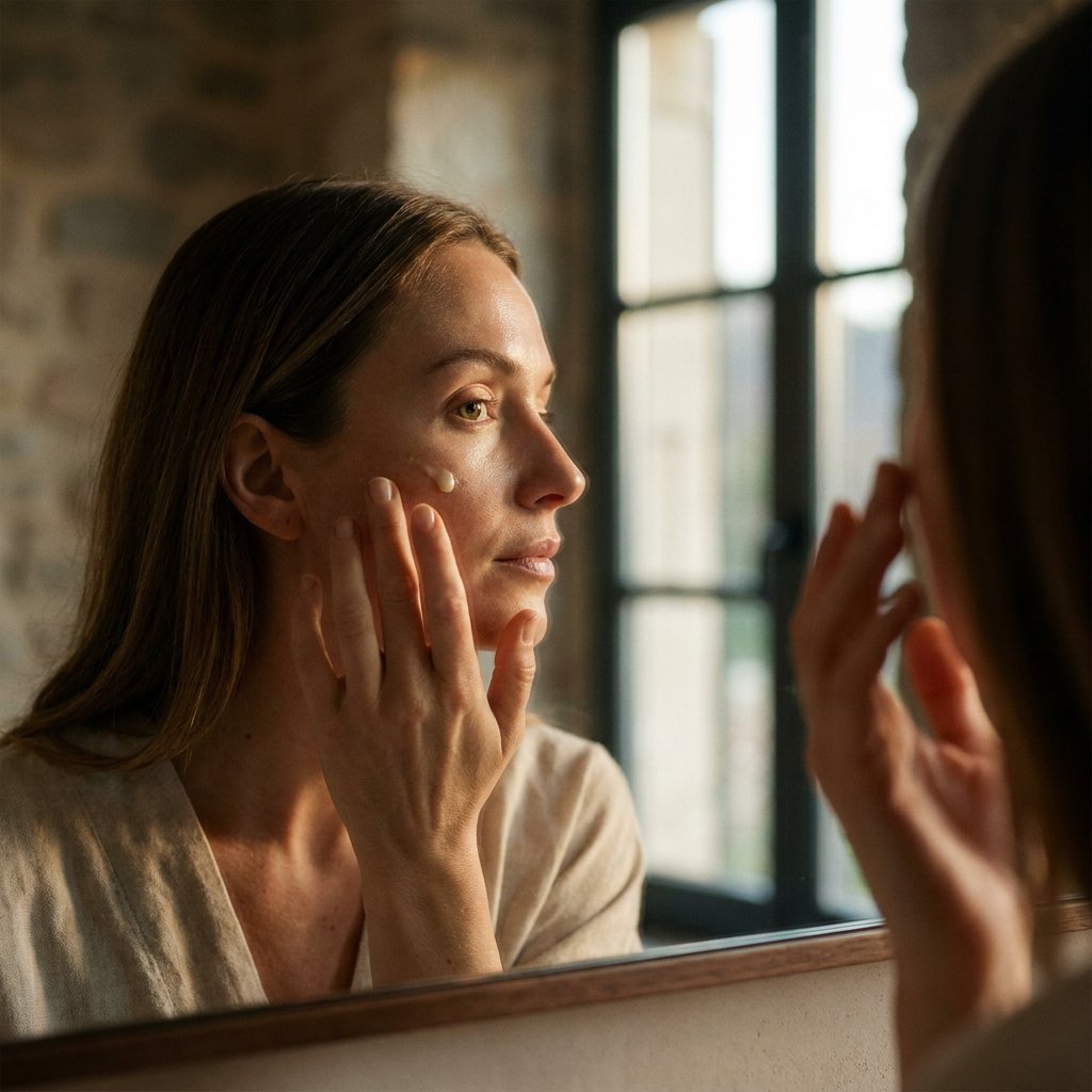 Vrouw van midden 30 in Europese badkamer brengt een erwtje retinolserum aan op haar wang bij zacht avondlicht; amber pipetfles, spiegel en zachte focus.