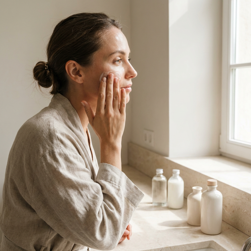 Vrouw in een lichte, moderne badkamer brengt zonnecrème aan op haar gezicht bij zacht daglicht, met een rustige premium skincare sfeer.