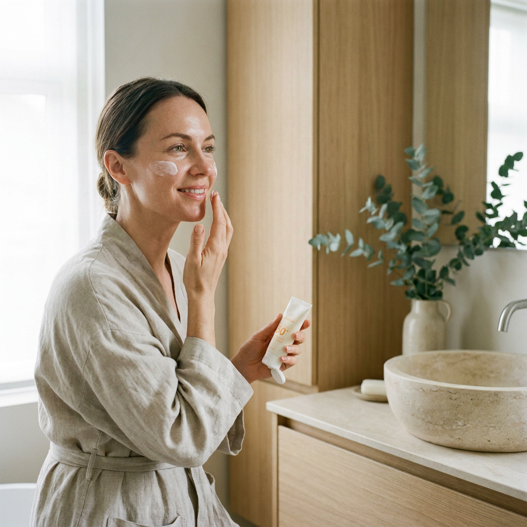 Vrouw in een lichte, serene badkamer brengt SPF 50 zonnecrème aan op haar gezicht bij zacht ochtendlicht, met een frisse en verzorgde uitstraling.
