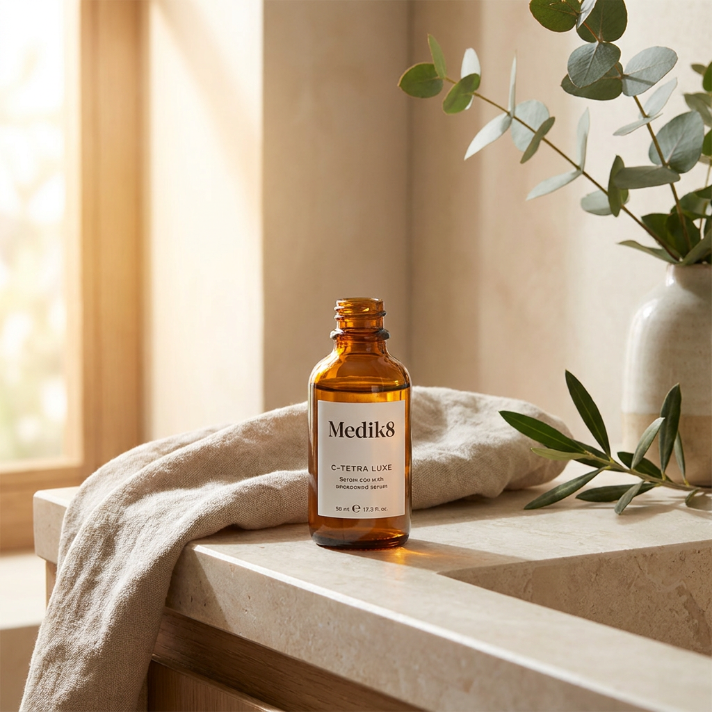 Amber Medik8 C-Tetra Luxe serum bottle styled on pale stone with soft linen, warm morning light, and subtle botanical details in a refined spa setting.