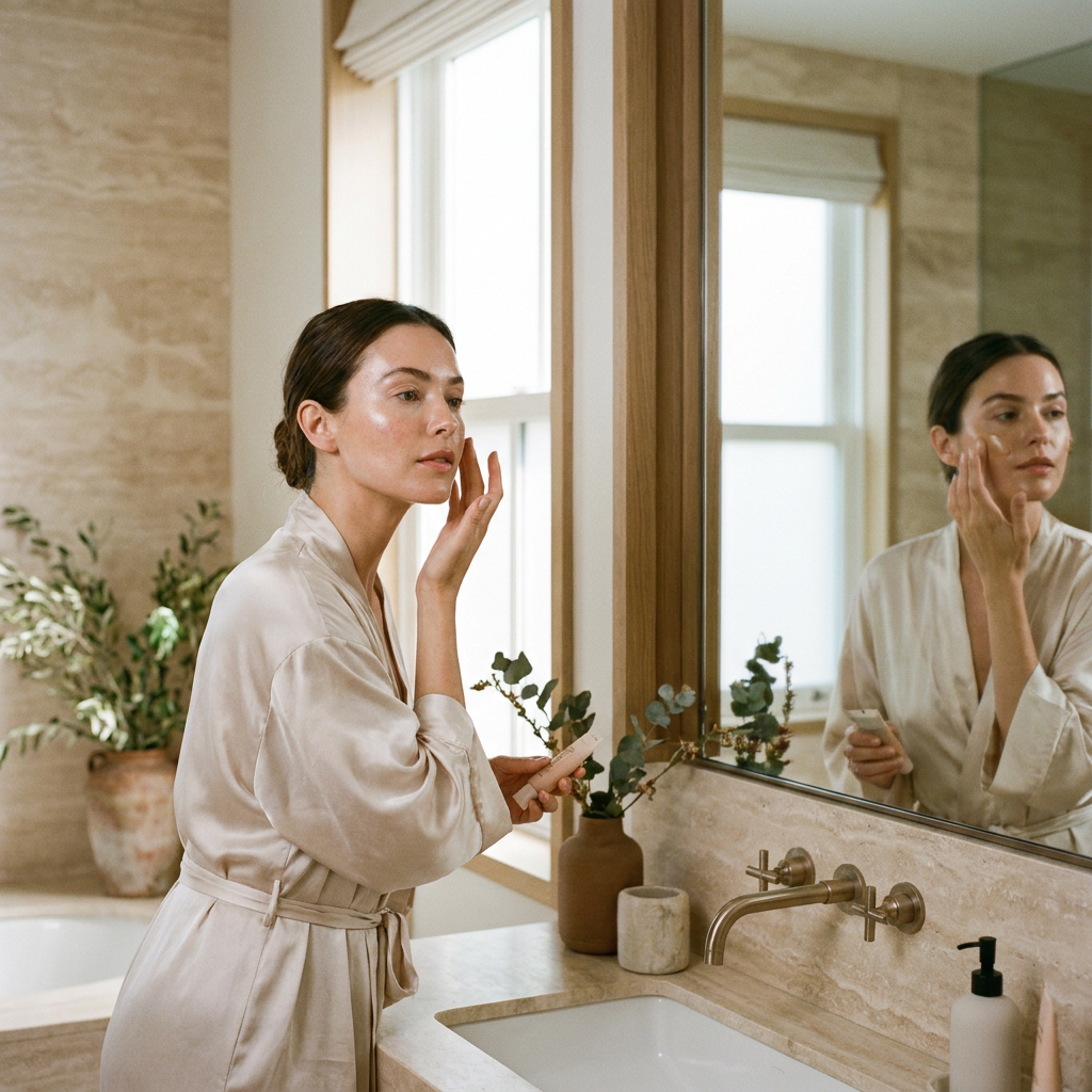 Vrouw brengt getinte zonnecrème aan op haar gezicht in een lichte badkamer, met natuurlijke dekking en een rustige premium skincare sfeer.