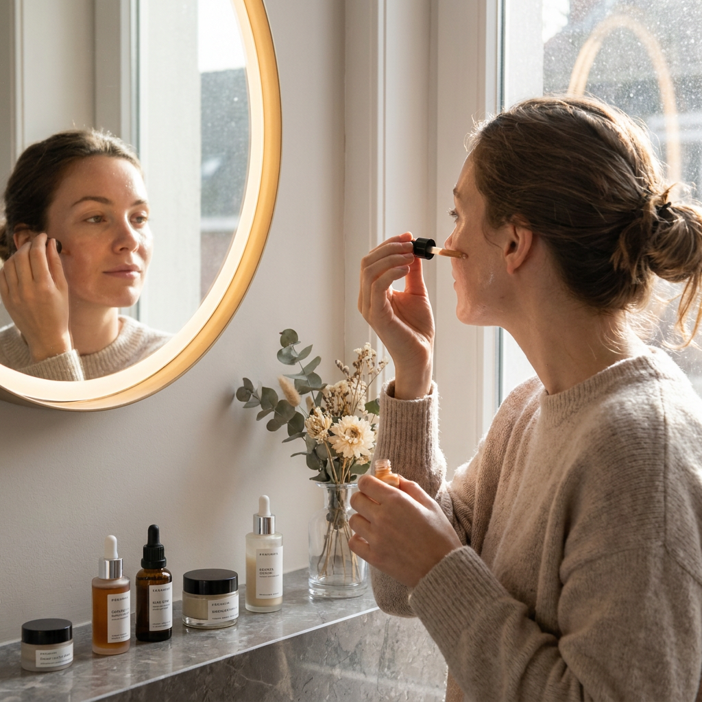 Close-up of a woman applying Jane Iredale HydroPure Tinted Serum in a calm boutique skincare setting, with fresh glowing skin and soft daylight.