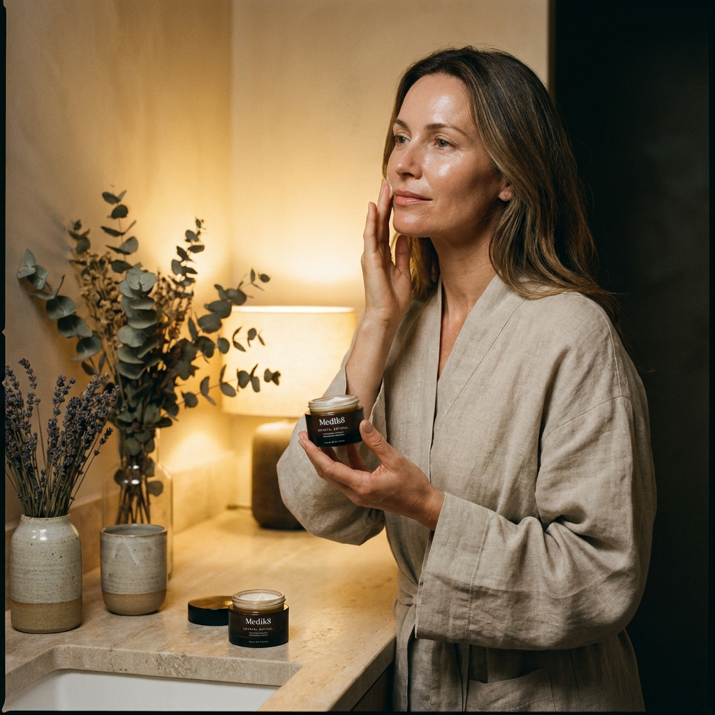 Elegante skincare scène met een vrouw die ’s avonds Medik8 nachtcrème aanbrengt in een serene badkamer met warm licht en luxe spa-uitstraling.