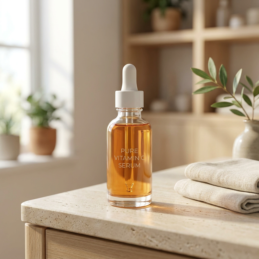 Amber glass vitamine C serum bottle on a clean spa-like vanity with soft botanical accents and natural morning light, suggesting a premium skincare routine.