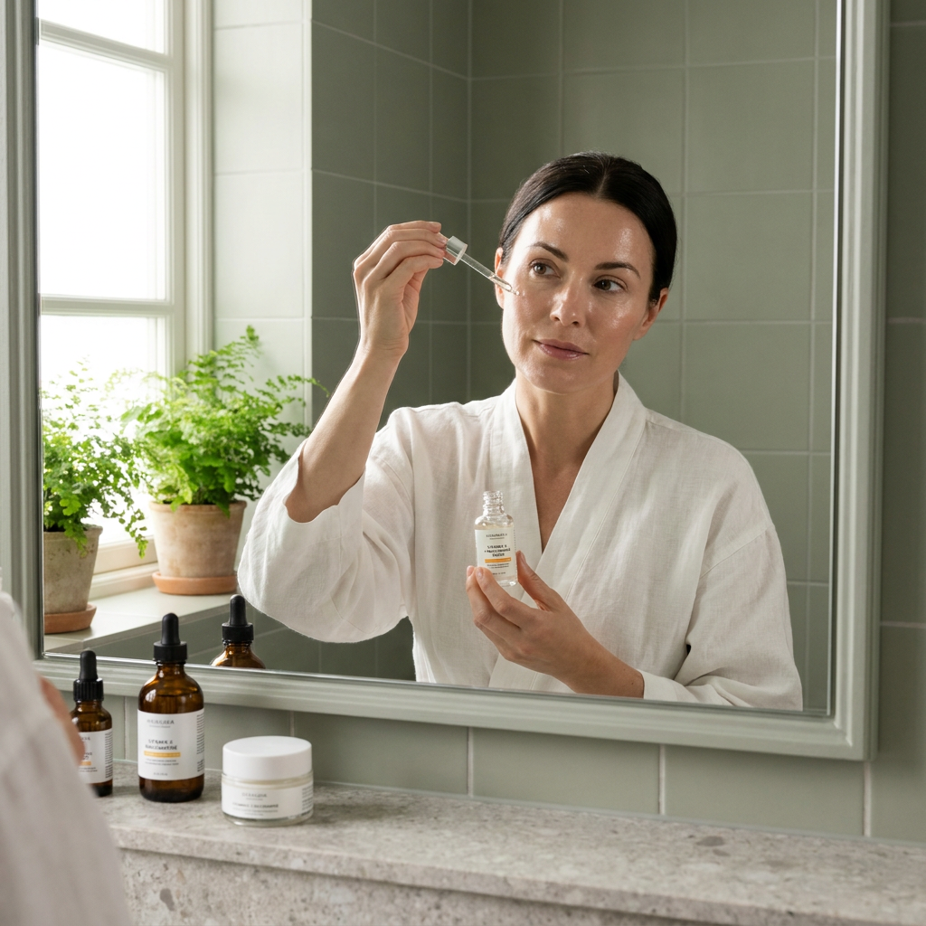 Luxe skincare scene with a woman applying serum in a bright spa-like bathroom, glowing skin, amber glass bottles and soft botanical accents.