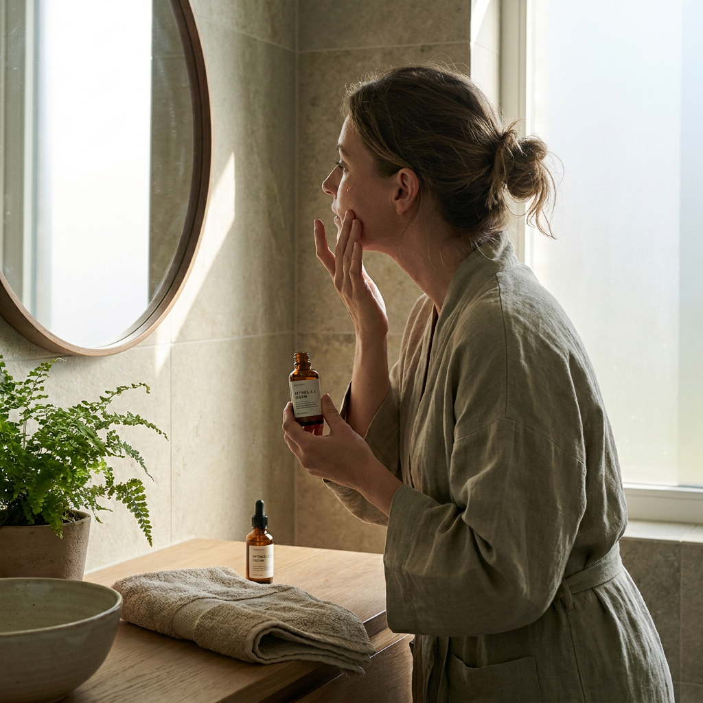 Amber retinol serum bottle beside a mirror on a clean spa-style vanity, with a woman gently applying skincare in soft natural morning light.