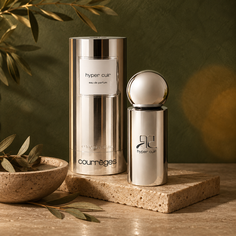 Two silver Courrèges perfume bottles on a stone surface with olive leaves.