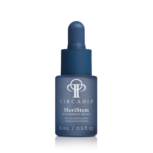 Circadia MeriStem Antioxidant Serum in a blue glass bottle with a dropper cap.