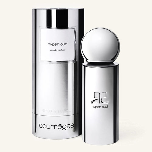 Courrèges Hyper Oud bottle with chrome finish and branding visible on the label