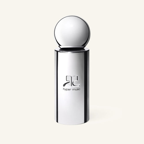 Courrèges Hyper Musc perfume bottle with a large chrome spherical cap