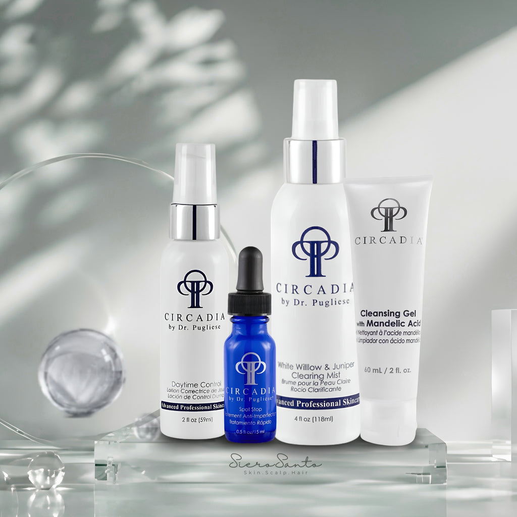 Circadia Acne Essentials Regimen Kit blue serum bottle and white tubes on a clean background