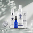 Circadia Acne Essentials Regimen Kit blue serum bottle and white tubes on a clean background