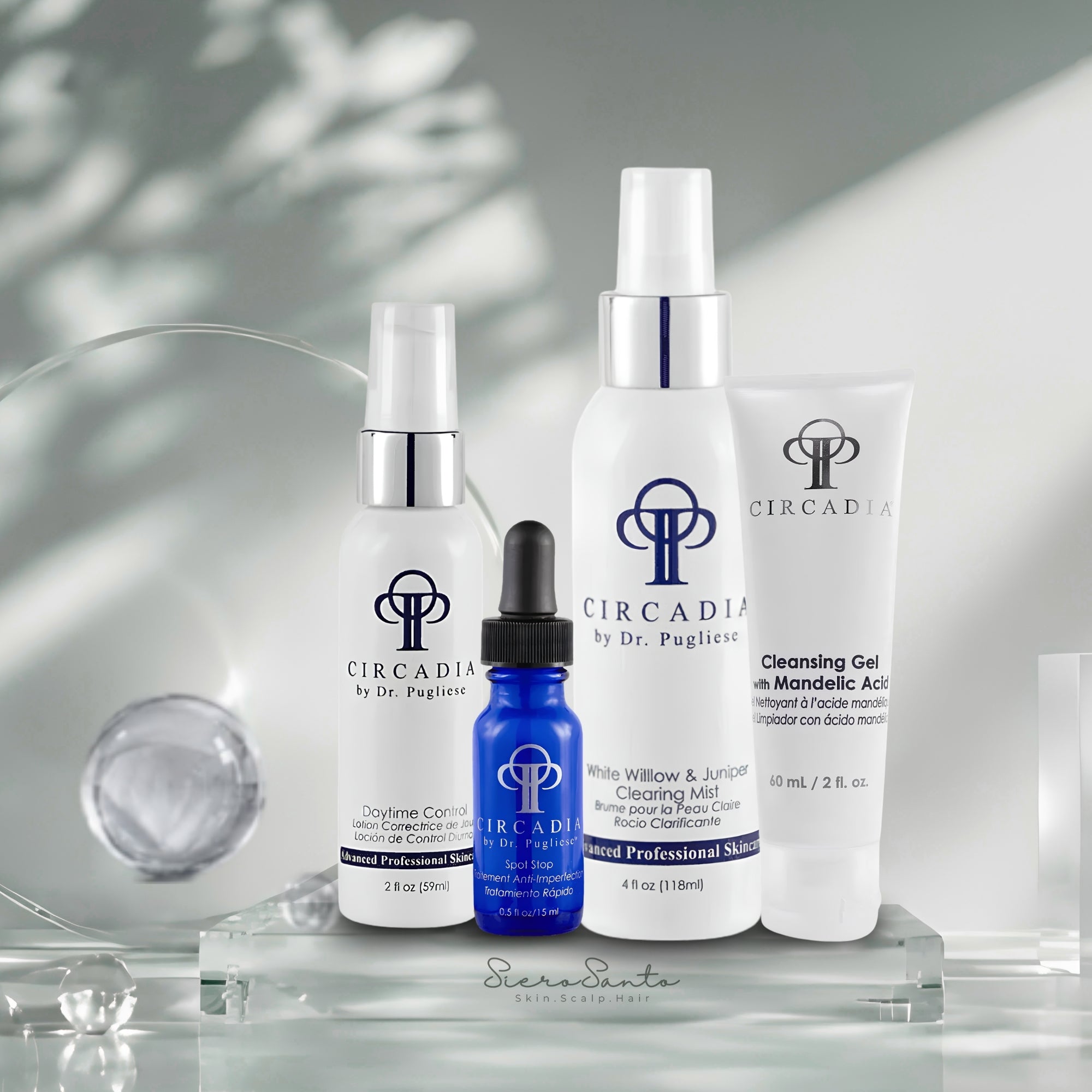 Circadia Acne Essentials Regimen Kit blue serum bottle and white tubes on a clean background