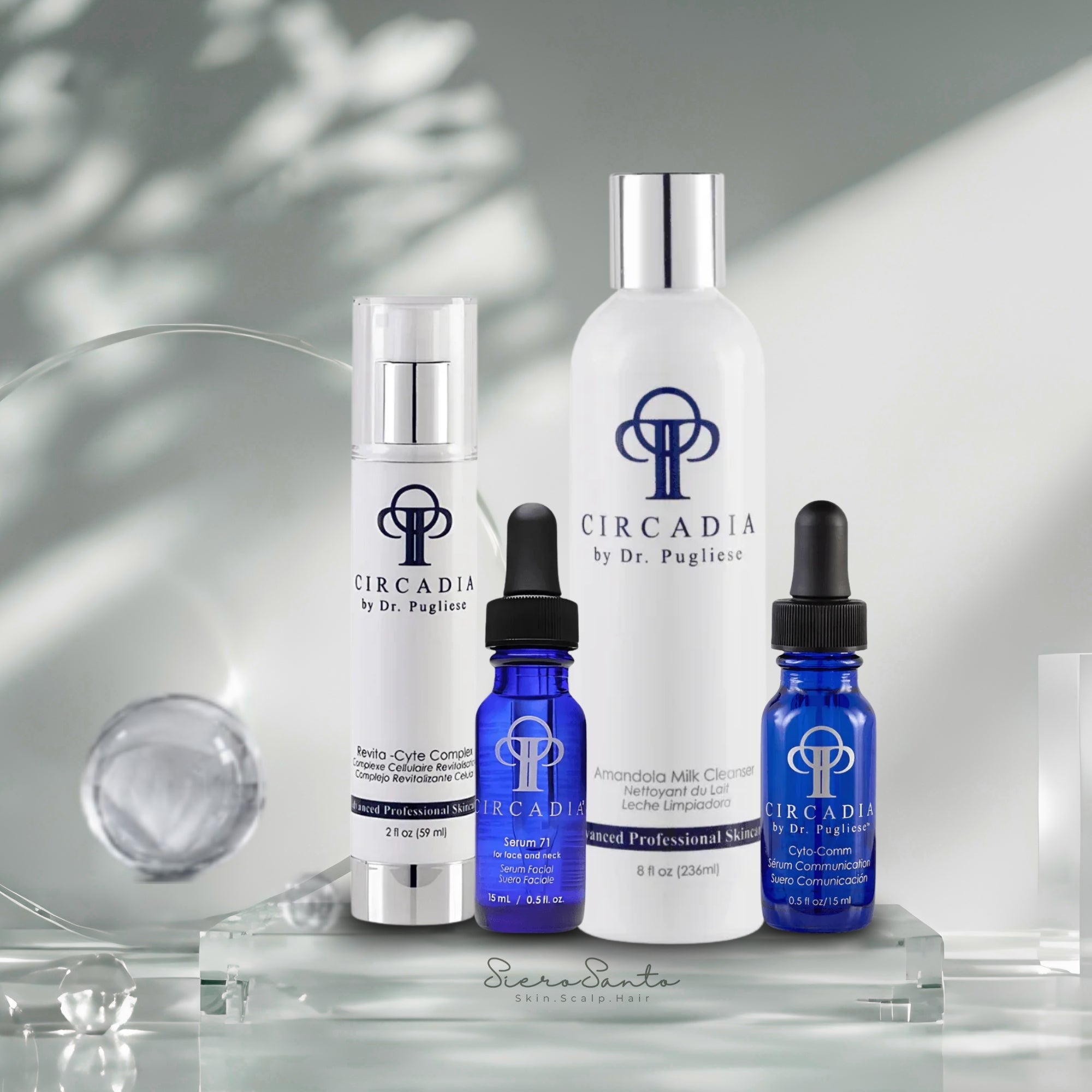 Circadia anti aging essentials regimen kit with white bottles and blue serum bottles