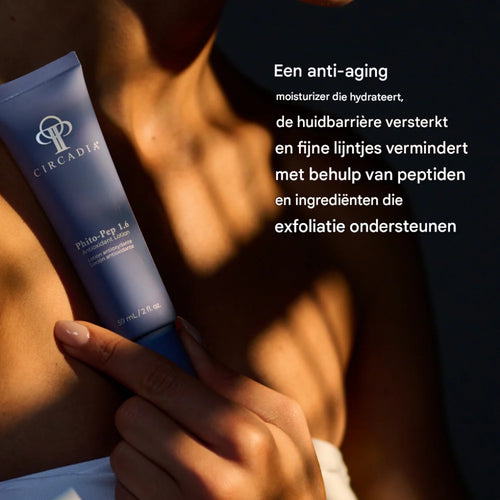 Circadia Phito-Pep 1.6 antioxidant lotion held against a model's shoulder with a dark background