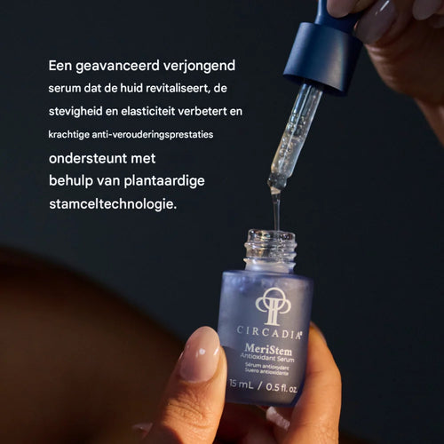Hands hold a blue Circadia MeriStem Antioxidant Serum bottle with a dropper against a dark background.