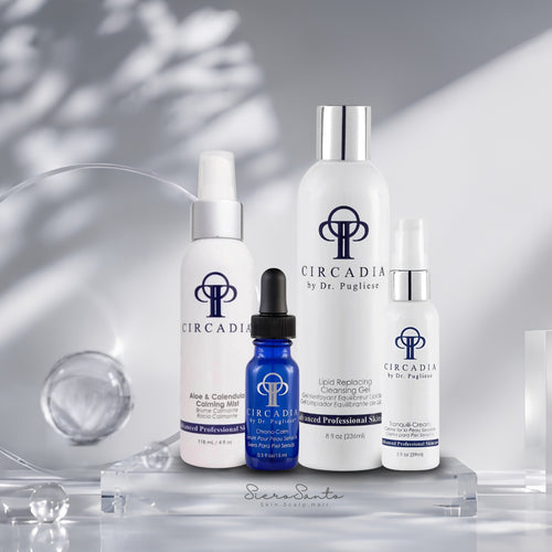 Circadia Sensitive Essentials Regimen Kit bottles in white with dark Circadia logo against a soft grey background.